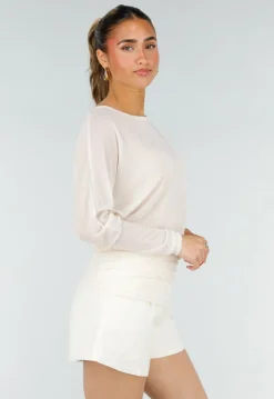 Crème Mesh Top met Lange Mouwen en Stretch