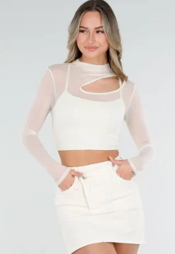 Crème Mesh Top met Lange Mouwen en Cut Out en Pads