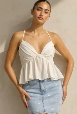 Crème Peplum Top met Spaghettibandjes en Geplooide Cups