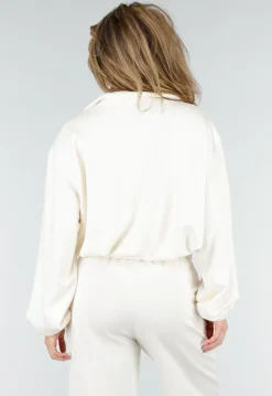Crème Sweater met Halve Rits en Elastische Boorden
