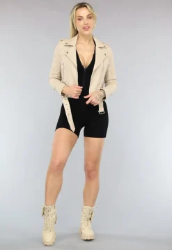 Cropped Beige Leren Jack met Zilveren Details