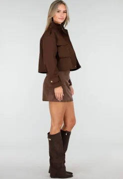 Cropped Bruine Jas met Rits en Grote Zakken