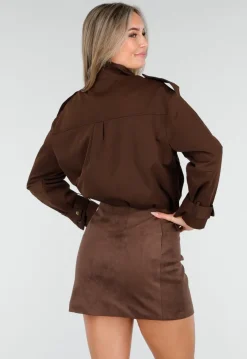 Cropped Bruine Jas met Rits en Grote Zakken
