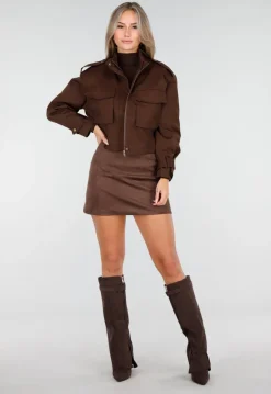 Cropped Bruine Jas met Rits en Grote Zakken