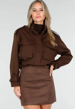 Cropped Bruine Jas met Rits en Grote Zakken