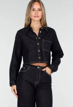 Cropped Denim Blouse in Donkerblauw Met Lange Mouwen