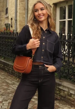 Cropped Denim Blouse in Donkerblauw Met Lange Mouwen