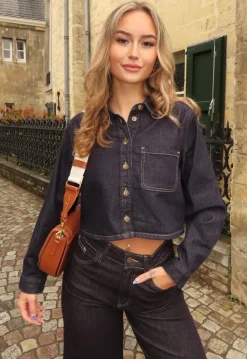 Cropped Denim Blouse in Donkerblauw Met Lange Mouwen