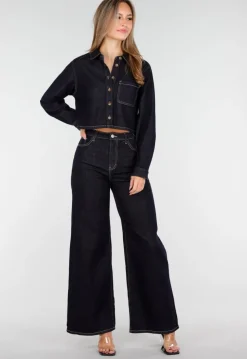 Cropped Denim Blouse in Donkerblauw Met Lange Mouwen