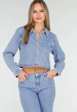 Cropped Denim Blouse in Lichtblauw Met Lange Mouwen