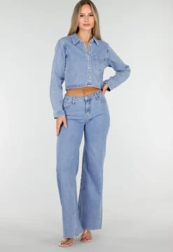 Cropped Denim Blouse in Lichtblauw Met Lange Mouwen