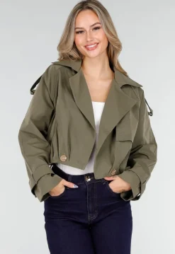 Cropped Trenchcoat Olijfgroen met Brede Revers en Dubbele Knoopsluiting