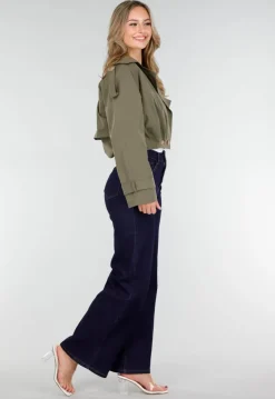 Cropped Trenchcoat Olijfgroen met Brede Revers en Dubbele Knoopsluiting