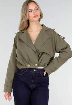 Cropped Trenchcoat Olijfgroen met Brede Revers en Dubbele Knoopsluiting