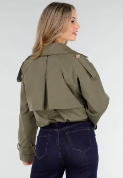 Cropped Trenchcoat Olijfgroen met Brede Revers en Dubbele Knoopsluiting