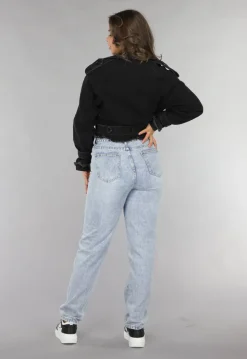 Cropped Zwarte Denim Jas met Gespdetails