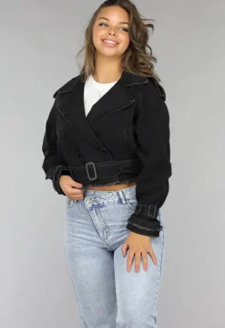 Cropped Zwarte Denim Jas met Gespdetails