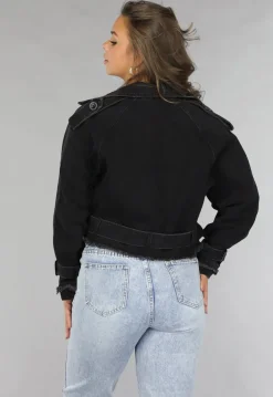 Cropped Zwarte Denim Jas met Gespdetails