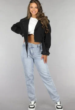 Cropped Zwarte Denim Jas met Gespdetails