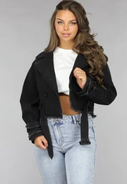 Cropped Zwarte Denim Jas met Gespdetails