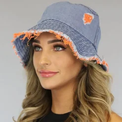 Denim Bucket Hat met Oranje Details