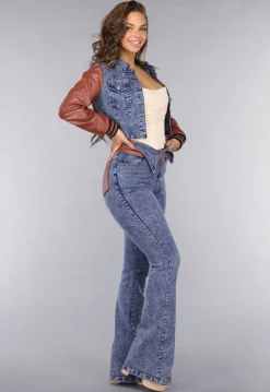 Denim Flared Two Piece met Bruine Lederlook Details