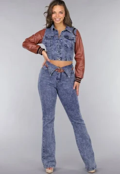 Denim Flared Two Piece met Bruine Lederlook Details