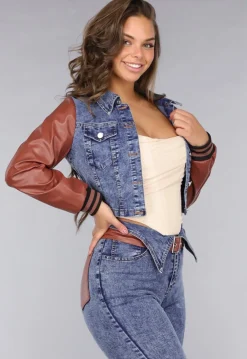 Denim Flared Two Piece met Bruine Lederlook Details