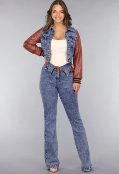 Denim Flared Two Piece met Bruine Lederlook Details
