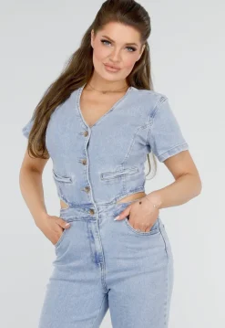 Denim Jumpsuit met Cut-outs, Korte Mouwen en Knopen