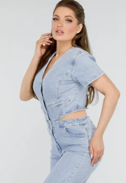 Denim Jumpsuit met Cut-outs, Korte Mouwen en Knopen