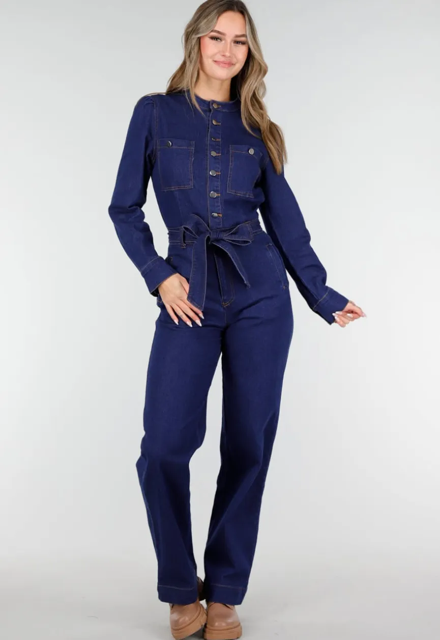 Denim Jumpsuit met Strikceintuur Blauw