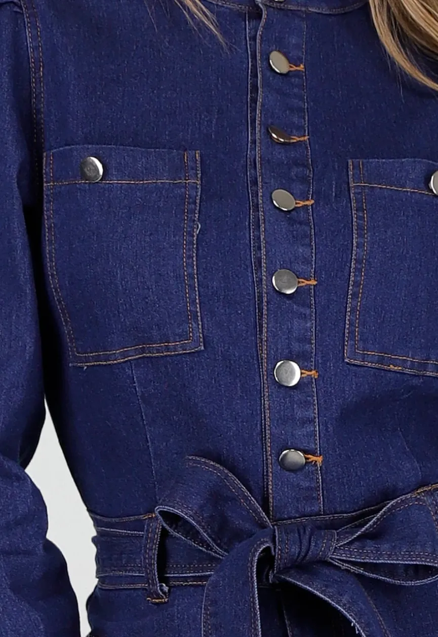 Denim Jumpsuit met Strikceintuur Blauw