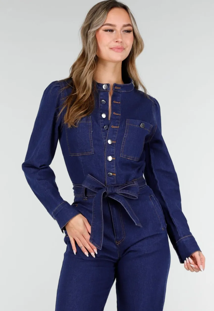 Denim Jumpsuit met Strikceintuur Blauw