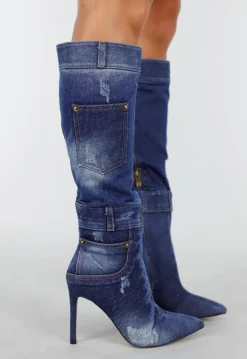 Denim Look Knielaarzen met Stiletto Hak