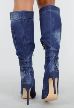 Denim Look Knielaarzen met Stiletto Hak