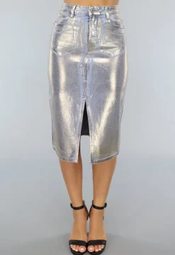 Denim Midi Rok met Gouden Coating