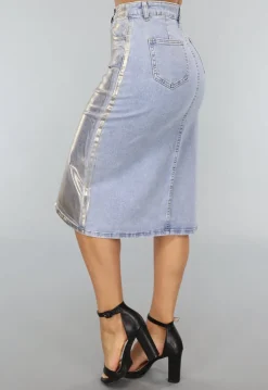 Denim Midi Rok met Gouden Coating