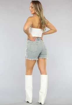 Denim Short met Fringe en Elastische Taille