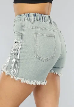 Denim Short met Fringe en Elastische Taille