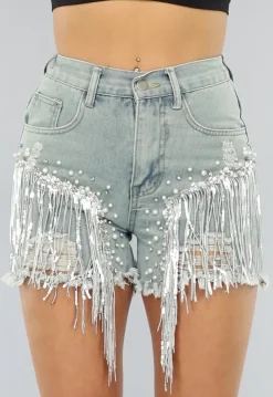 Denim Short met Fringe en Elastische Taille