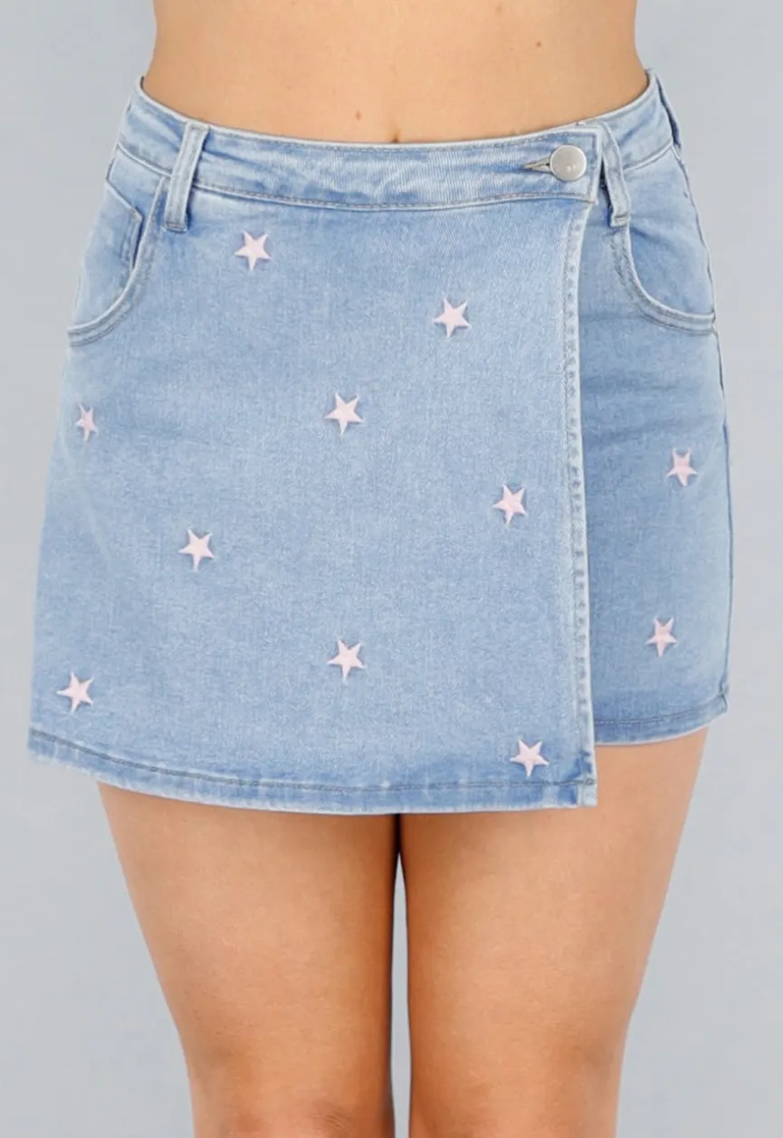 Denim Stretch Skort met Roze Sterren en Overslag