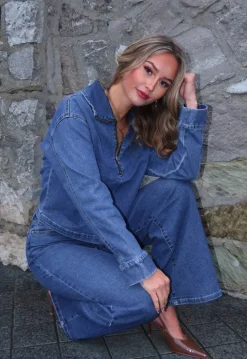 Denim Top met Halve Rits en Opstaande Kraag in Blauw
