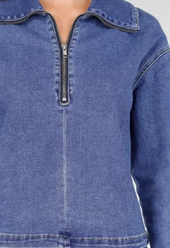 Denim Top met Halve Rits en Opstaande Kraag in Blauw