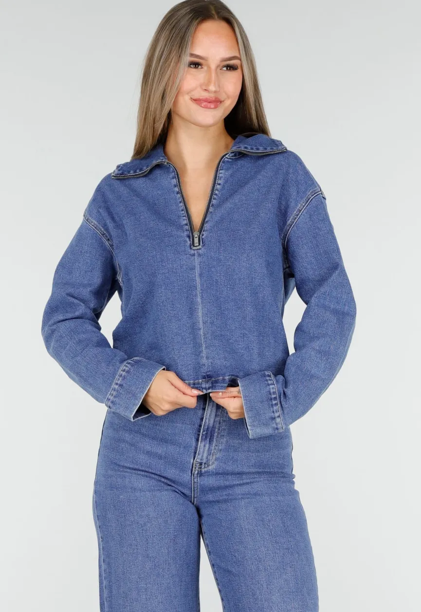 Denim Top met Halve Rits en Opstaande Kraag in Blauw