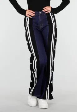 Denim Wide Leg Broek met Zwarte Zijkanten en Strepen