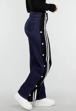 Denim Wide Leg Broek met Zwarte Zijkanten en Strepen