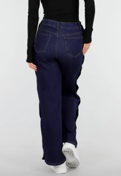 Denim Wide Leg Broek met Zwarte Zijkanten en Strepen