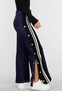 Denim Wide Leg Broek met Zwarte Zijkanten en Strepen