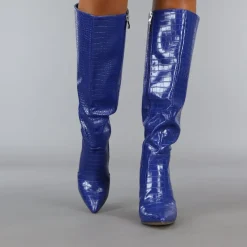 Donkerblauwe Croco Laars met Spitse Neus